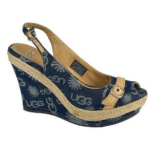 UGG NOELLA Y2K DENIM LOGO PEEP TOE SLINGBACK ESPADRILLE WEDGE HEELS